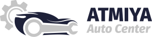 Logo of atmiya auto center featuring a stylized dark blue car with a silver gear behind it, next to the company name in bold dark blue letters.