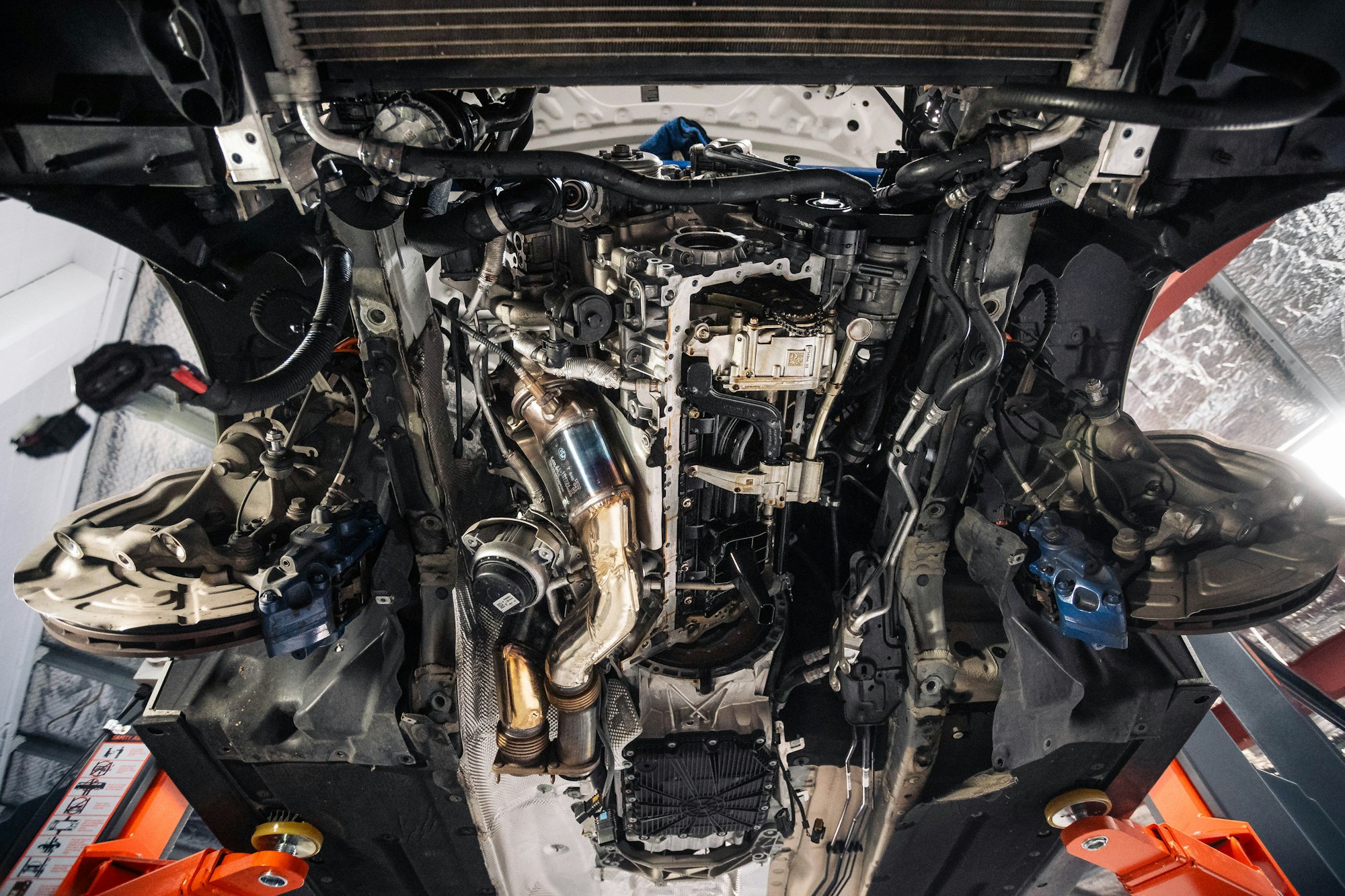 Front of a vehicle stripped back for accident repair